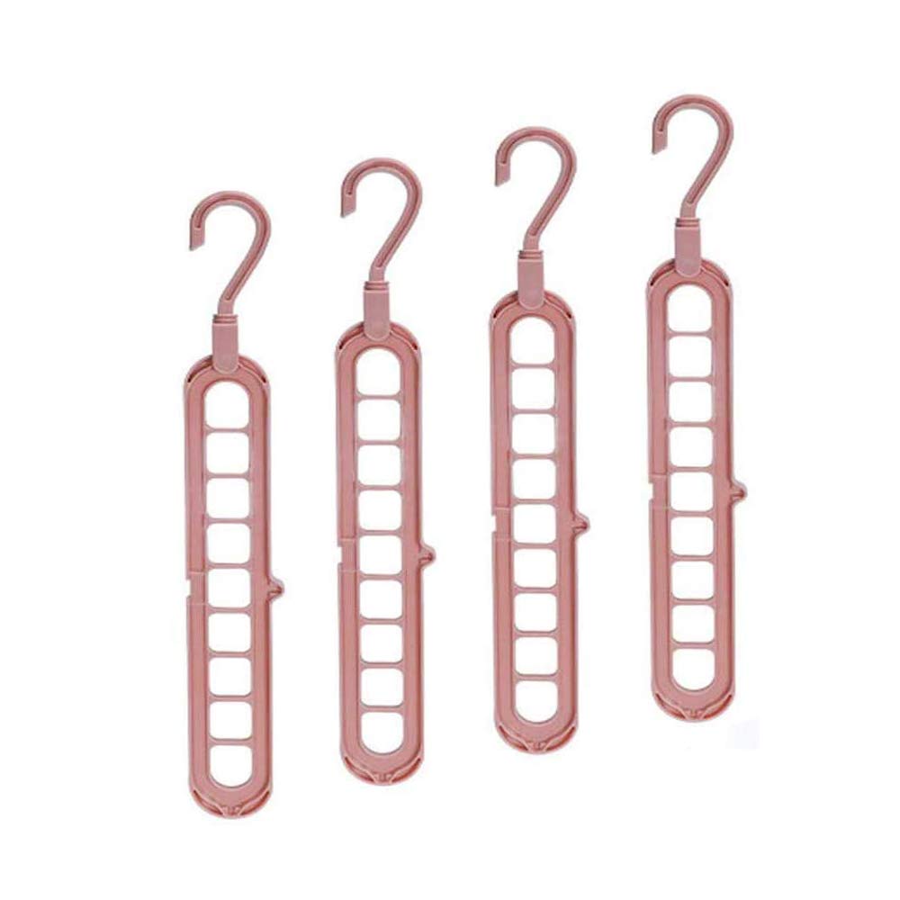 VOANZO 4PCS Clothes Hanger Organizer, Rotate Anti-skid Folding Hanger with Multifunction Space Saving and Cascading Features, Pack of 4 Standard Hangers with 9 Holes (Pink)