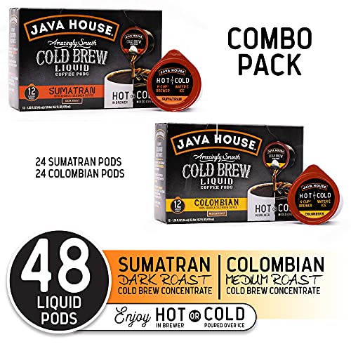 Java House Cold Brew Coffee Concentrate Single Serve Liquid Pods Variety Pack - 24 Colombian and 24 Sumatran Pods (48 Total Pods, 1.35 Fluid Ounces Each Pod)