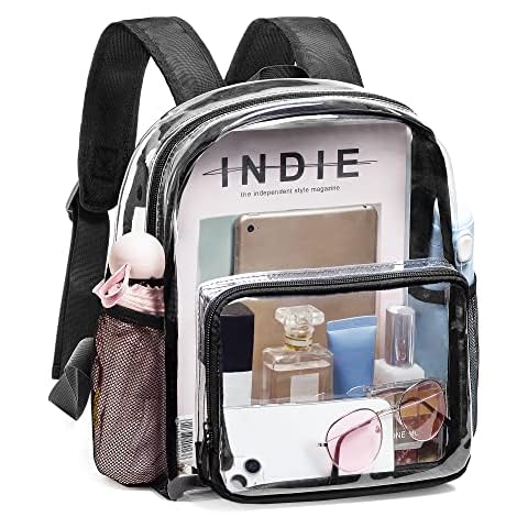 Vorspack Clear Mini Backpack - Stadium Approved 12x12x6 Small, Stadium Backpack for Women with 2 Water Holders Heavy Duty for Concert Work Sport Games Festival Venues - Black Cover