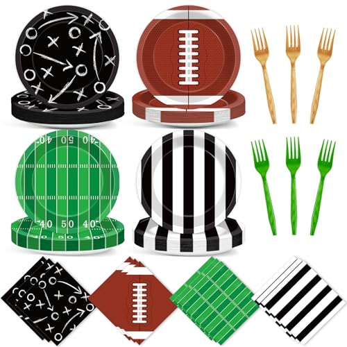 96Pcs Football Party Supplies Football Themed Paper Plates Napkins Forks Rugby Sports Games Touchdown Tableware Dinnerware for Sports Events Happy Birthday Tailgate Party Decorations Serves 24
