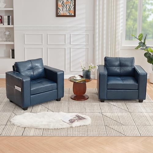 TYBOATLE Leather Chairs w/Side Pockets, Comfy Blue Faux Leather Accent