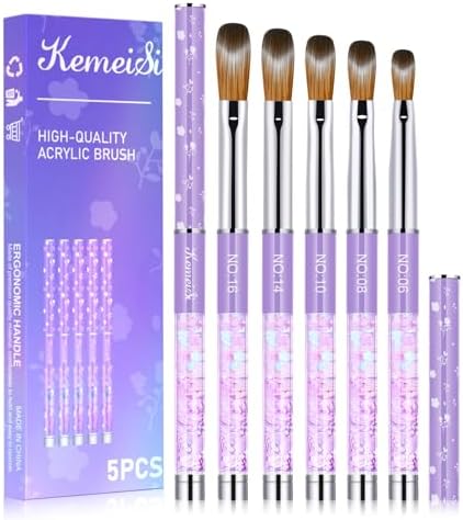 KEMEISI Acrylic Nail Brush 5-Piece Set, Sizes 06/08/10/14/16, Kolinsky Nail Art Brushes, Sturdy Handles, Oval Shape, Acrylic Powder Nail Design Tools, Professional Manicure DIY