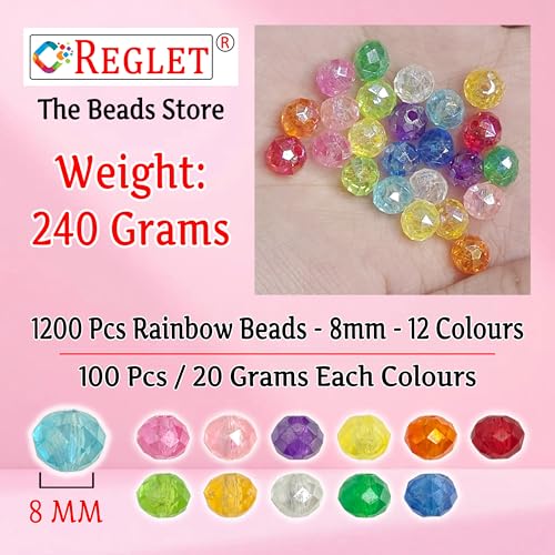 Image of 1200 Pcs Rainbow Crystal Beads for Jewellery Making Kit - Beads for Bracelet Making Kit - Beads for Craft - Acrylic - Multicolour - 240g, 8mm