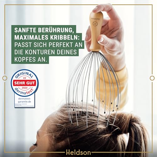 HELDSON® Premium Kopfmassage Spinne 32 Finger - FSC®100% - Kopfmassagegerät - Kopfkrauler Kopf Massage & Haarmassage - Kopfhaut Massagegerät - Head Massager - Kopfkratzer - Wellness Geschenk