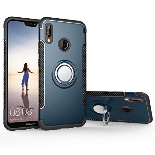 Orzero TPU + PC Hybrid Dual Layer Case Compatible for Huawei P20 Lite Full Body Heavy Duty Protection 360 Rotating Metal Ring (Adsorbed Iron Plate) (Huawei P20 Lite Not Included)-Navy