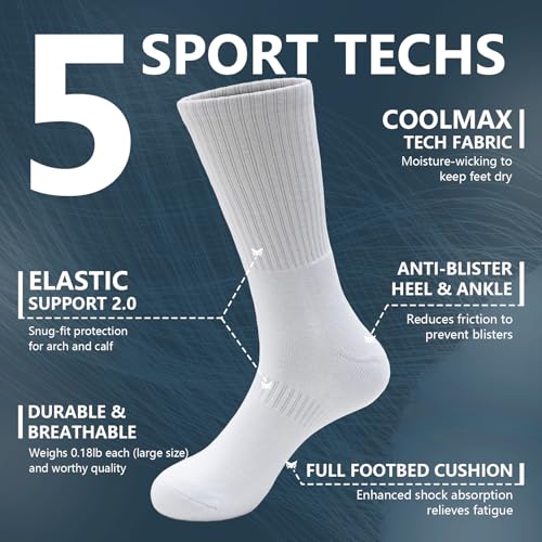 Athletic Socks White Crew Socks for Men & Women Moisture-Wicking Coolmax Cushion Compression Basketball Socks, 4-Pack2