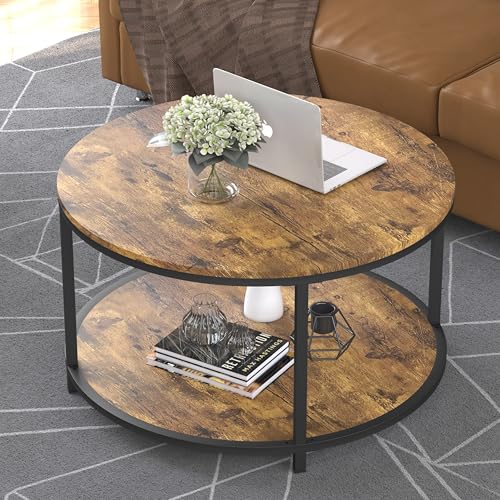 Image of NSdirect Round Coffee Table, 27.6 inch Small Coffee Table for Living Room,2-Tier Rustic Wood Desktop with Storage Shelf Modern Design Home Furniture(Brown)