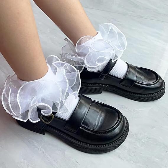 2 Pairs Girls Ruffle Socks Double Lace Cute Frilly Trim White Princess Comfortable Socks4