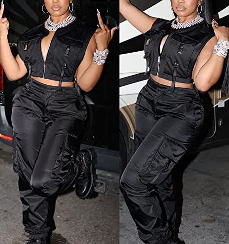 Women's Sexy Crop Cargo Vest Sleeveless Buckle Zip Up Vest Jacket Tops Steampunk Streetwear with Pockets4