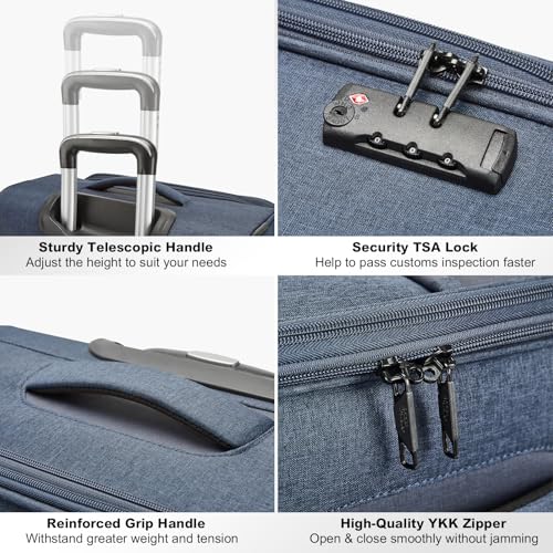 Image of Kono Carry On Luggage Softshell Suitcase with Spinner Wheels, 20in | 22x14x9 Airline Approved Lightweight Travel Suitcase with TSA Lock, Spinner Wheels, Durable Zipper Navy