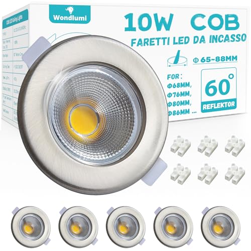 Wondlumi 6x Faretti LED da Incasso per Cartongesso,10W Equivalenti a 100W 850LM,Foro 65-85mm Luce Naturale 4000K per Cucina,Interno,Faretti Led Soffitto COB 220V