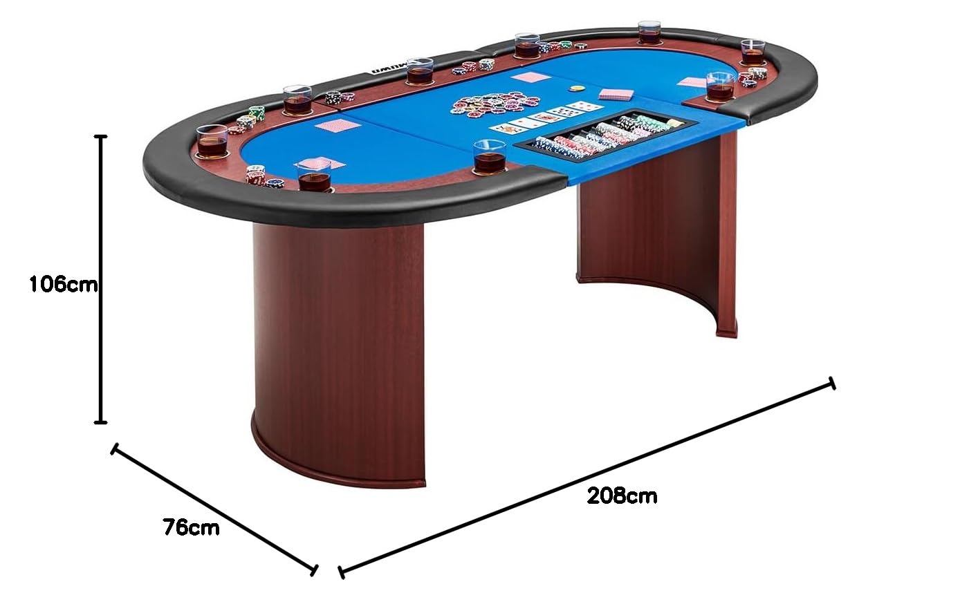 MUWO Pokertisch für 10 Spieler mit Dealerbereich, 500 Chips, Getränkehaltern aus Edelstahl, gepolsterter Armlehne und Filzoberfläche Blau