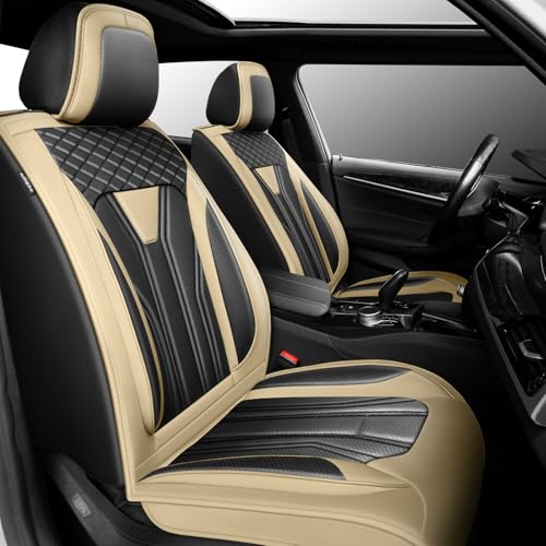 Conjie Fit for BMW X3 Car Seat Covers，Compatible with BMW X3 2004-2024 2025, Premium Leather，Waterproof Breathable All-Weather Seat Cushion Protector Airbag Compatible（Front Pair） Beige & Black