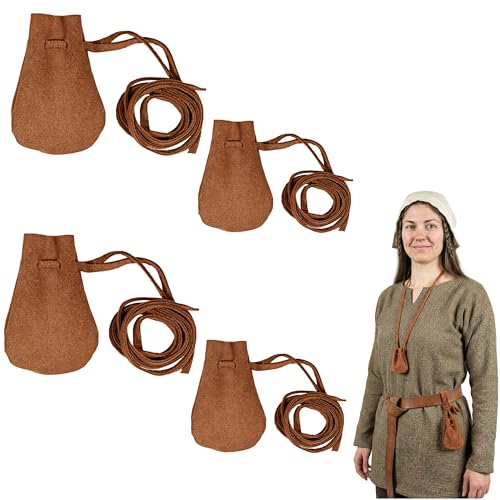 Image of Pack of 4 Mythrojan Small Trinket Pouches Suede Leather Drawstring Coin & Dice Bags for LARP, SCA, Viking & Medieval Events Color : Brown