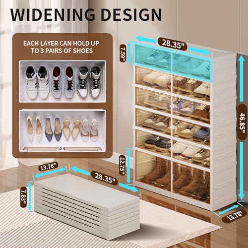 Image of CIMLORD 6-Tier Foldable Shoe Rack Organizer for Closet, 18 Pairs Collapsible Plastic Shoe Shelf, Large Shoes Cabinet with Door, Clear Stackable Storage Box Easy Assembly White