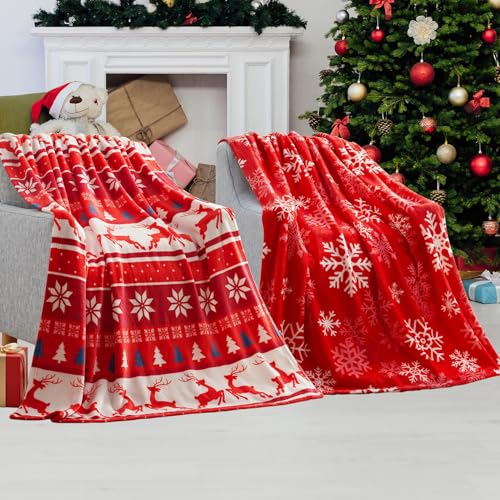 Tsudoku 130x150cm Red Reindeer Christmas Throw Blanket Soft Flannel Blanket Warm Plush Winter Cozy Holiday Cabin Throw for Sofa Couch (Classic)