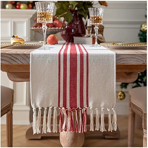 Caflife Christmas Table Runner 13 x 90 Inch for Dining Table, Boho décor Coffee Table Runner with Handcrafted Tassels, red and Beige Stripe Table Runner for Holiday, Winter Cover