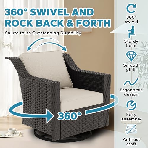 Image of 7 Pieces Outdoor Conversation Furniture Set - 77 inch Patio Sofa, 2 Swivel Rocker Chairs, 2 Ottomans, 1 Side Table, 1 Metal Table, Wicker Couch with Washable Cushions for Balcony (Beige) | Patio Chair Set with Olefin Removable Cushion, All-Weather Outdoor Couch with Deep Seat for Porch, Deck and Backyard, Beige