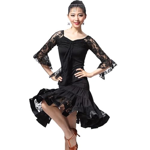 NSHZKQ Abiti da Ballo Latino in Pizzo Maniche A Cinque Quarti Pratica di Tango Costumi di Danza Abbigliamento da Ballo da Competizione Cha Cha vestibilità Slim Abito da Ballo Elasticizzato,Nero,XXL
