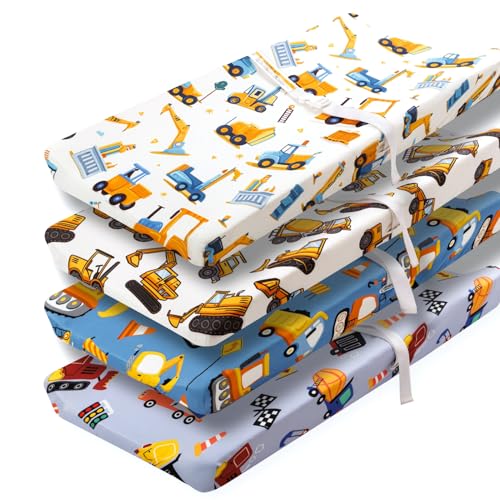 4 Pack Baby Boy Changing Pad Covers Sheets Set Soft Fitted Baby Boy Mattress Covers Construction Truck or Dinosaur Theme Breathable Toddler Sheets for Infant (Construction Truck, Changing Pad Covers)