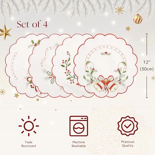 Vacfulliven Jogo americano de Natal, conjunto de 4 tapetes redondos de 29 cm bordados, estampa de fl