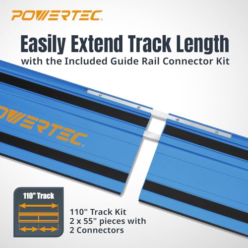 Image of POWERTEC 72154 110 inch Track Saw Guide Rail Joining Set with Protective Bag for Milwaukee Track Saws | Includes 2x55 inch Guide Rails and (2) Guide Rail Connectors for Woodworking Projects