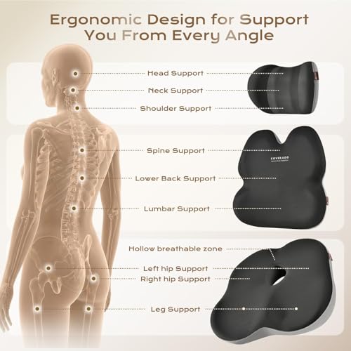 Image of Coverado Seat Cushions Neck Pillow Lumbar Support Pillow for Car, Memory Foam Office Chair Back Support Orthopedic Coccyx Cushion with Non-Slip Bottom Neck Butt Back Pillow for Chair Truck Gray&Black