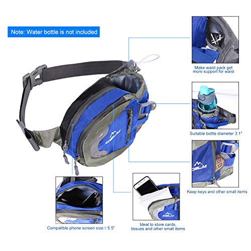 Fanny Pack Waist Bag for Men Women Water Bottle Holder Adjustable Belt for Hiking Travel Outdoor Walking Running Carry iPhone Money Blue