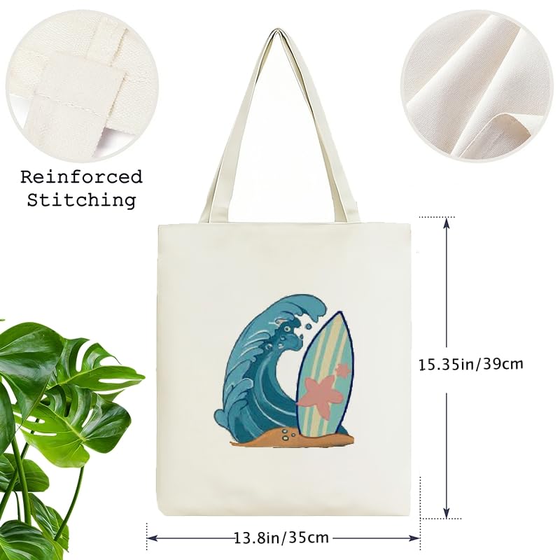 Summer Canvas Tote Bag, Wave Pattern Reusable Shoulder Tote Bag for Women and Men, Large Durable Canvas Shoulder Bag Perfect for Grocery Work Beach Shopping3