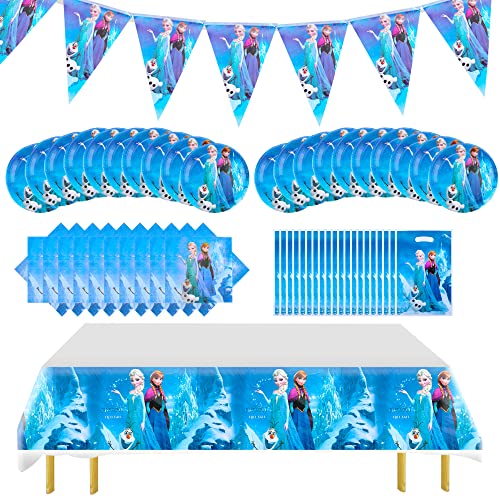 62 pcs Frozen Party Supplies Set, Frozen Birthday Party Supplies and Decorations, for 20 Guests, Included 20 Plates, 20 Napkins, 20 gift bags, 1 Tablecover, 1 Banner