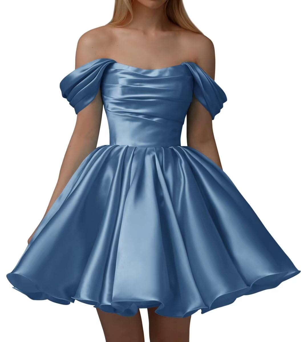KURFACE Satin Prom Dresses Short for Teens A Line Off Shoulder Ball Gown Corset Formal Evening Dress UK10 Dusty Blue