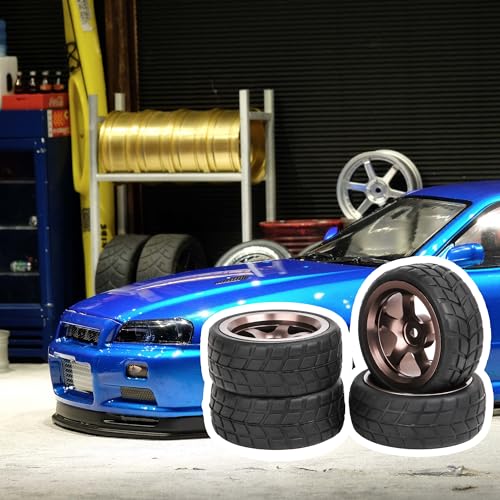 Image of Mxfans Grey 5 Spoke Aluminium Alloy Wheel Rims & Black Square Pattern Rubber Tyres Tires Rc 1:10 On Road Racing Car Set of 4
