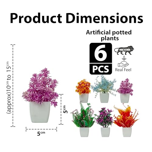 Image of JH Gallery Artificial Plants, Small Indoor Potted Houseplants for Home Decor, Decoration Items for Living Room, Office and Bedroom, Artificial Plants with Pot (Pack of 6)
