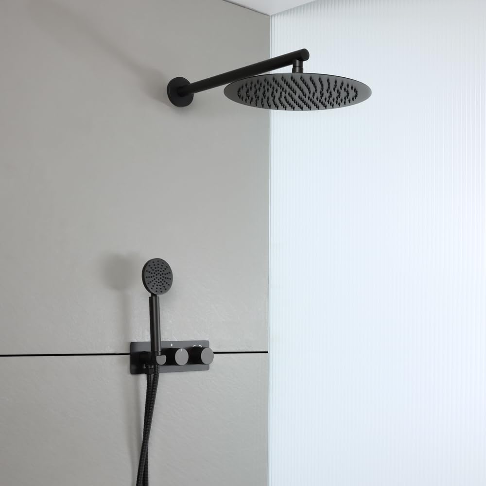 Milano Black Lune Thermostatic Mixer Valve 300Mm Rainfall Shower Head Handset