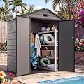 Quictent 6x4 FT Storage Shed with Floor, Plastic Storage Shed with Lockable Door, Window & Vents, Outdoor Resin Shed to Store Patio Furniture, Garden Tools Bike Accessories, Lawn Mower, Dark Gray