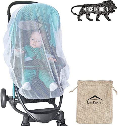 Stroller Mosquito Net for Baby, Carriers, Car Seats, Cradles. 29 x 21 Inch, White (1 Pack) - 5 Jute Linen Carry Pouch Free. (Set of 5)
