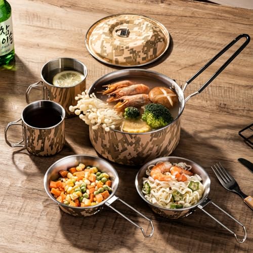 Set de Cocina para Camping Pardarsey 5PCS Camuflaje, Acero Inoxidable Portátil Exterior con Olla, Sartenes y Tazas, Mangos Plegables para Senderismo, Camping y Picnics miniatura 2