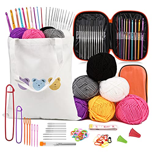 IMZAY 81 Pcs Crochet Kit, Crochet Hooks Yarn Set with 22 Crochet Hooks, 6 Color Yarn Balls, Blunt Needles, Canvas Tote Bag and Additional Knitting & Crochet Supplies for Crochet Set Beginner Lovers