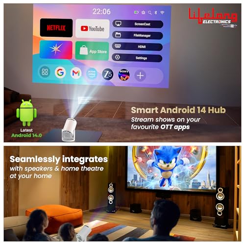 Image of Lifelong Electronics Lightbeam Smart Projector | Android, 1080P& 4K Ultra Support, 3000 Lumens, 720p Native | for Room & Outdoors | All OTT Apps | WiFi /BT, Mirroring, USB, HDMI, 180, Speakers