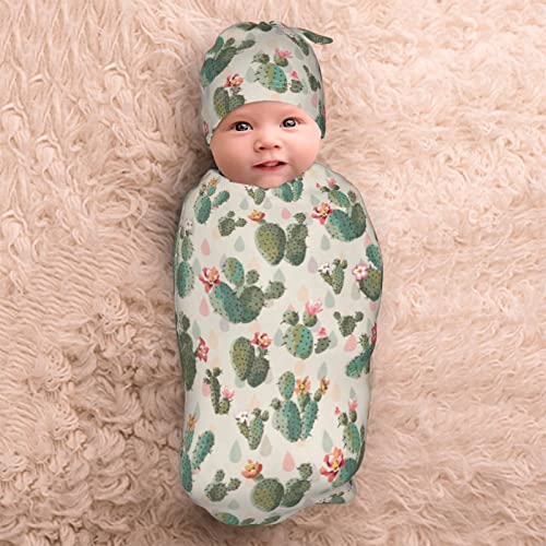 Image of Swaddle Blanket for Baby, Cactus Swaddling Baby Stuff with Hat