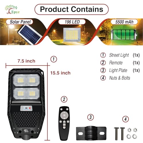 Image of Epyz Plastic 50Watt Solar Street Light Outdoor Waterproof With Motion Sensor Light And Dusk To Dawn For Garden, Street, Lawn, Pathway [ With Out Pole ] [ Pack Of 1, Warm Yellow, 196LED ]