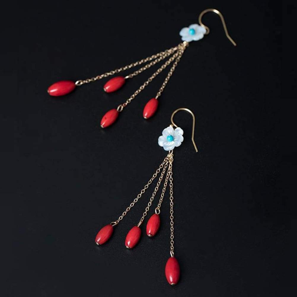 Kolczyki dla dziewcząt, Kobiet Drop Studs ręcznie robiony kreatywny design 14K Naturalna skorupa Linia Ucha Czerwona fasolka Tassel Long Colringsco