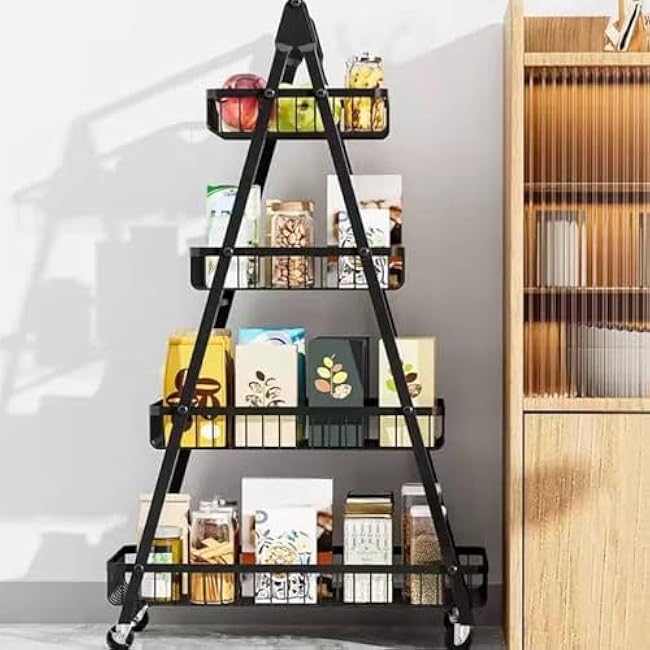 3/4-Tier Fruit Basket,Desktop Storage Organizer,Pull-Out Kitchen Storage Rack,Multi-Functional Storage Trolley for Office, Living Room, Kitchen, Movable Storage Organizer with Wheels,Black (4-Tier)-C1hih1k7