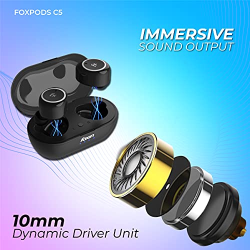 Image of Foxin FoxPods C5 TWS Earbuds with in-Built HD Mic, Bluetooth V5, 10mm Driver, up to 12H Playtime with 1 Hour Charging Time & 120 Hours of Standby-time, with Voice Assistant, Snug & Secure Fit (Black)