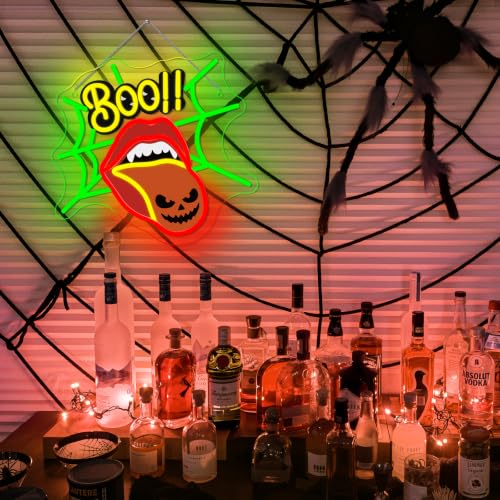 Image of Halloween Neon Sign BOO Neon Light Creepy Tongue Spider Web Wall Decor