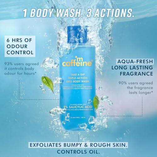 Image of mCaffeine 2% Salicylic acid , 3-in-1 Perfume Body Wash - Odour Control, & Long Lasting Aqua Fresh Fragrance | Exfoliates & Smoothens Skin | Prevents Body Acne | Mandelic Acid | For Men & Women (250 ml)