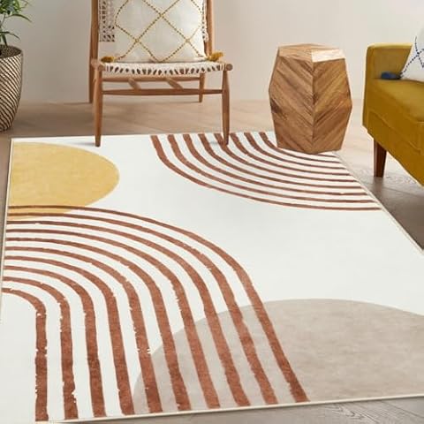 Wonnitar Boho Rugs for Living Room, 5x7 Area Rug for Bedroom,Washable Nursery Rugs Non-Slip Kids Room Throw Carpet, Soft Abstract Rainbow Low Pile Mat for Dorm Playroom Home Office (Orange,5'x7') Cover