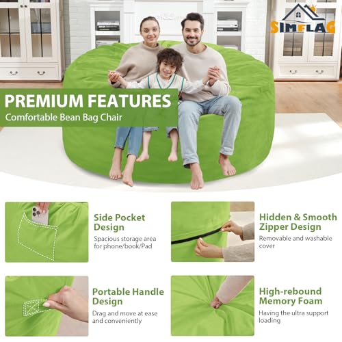 5FT Bean Bag Chair, Large Bean Bag Chairs with Memory Foam Filled, Fluffy Beanbag Sofa with Dutch Velvet Cover, Round BeanBag Chairs for Living Room, Playroom - Lime