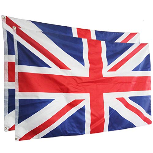 rhungift 2Pack British Flags 150X90cm, United Kingdom Flag, Quadruple Stitched Fly ends100D Heavy Polyester UK Flags,UV Fade Resistant Outdoor UK Union Jack Flags
