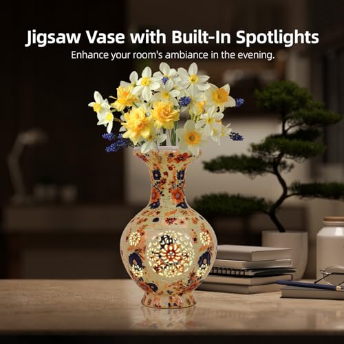 Image of LED 3D Puzzle Vase for Adults - Challenging Flower Vase Puzzle for Home and Office - Sunny Garden